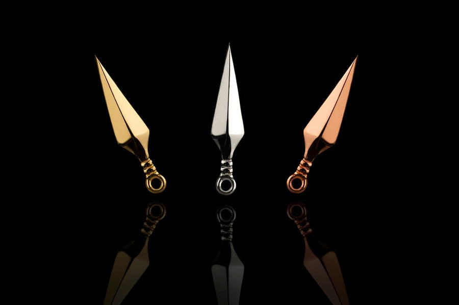 solid 14k yellow, white and rose gold harpe dagger threadless end by junipurr jewelry