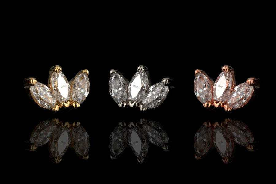 14k yellow, white, and rose gold three-stone marquise fan jewelry for piercings