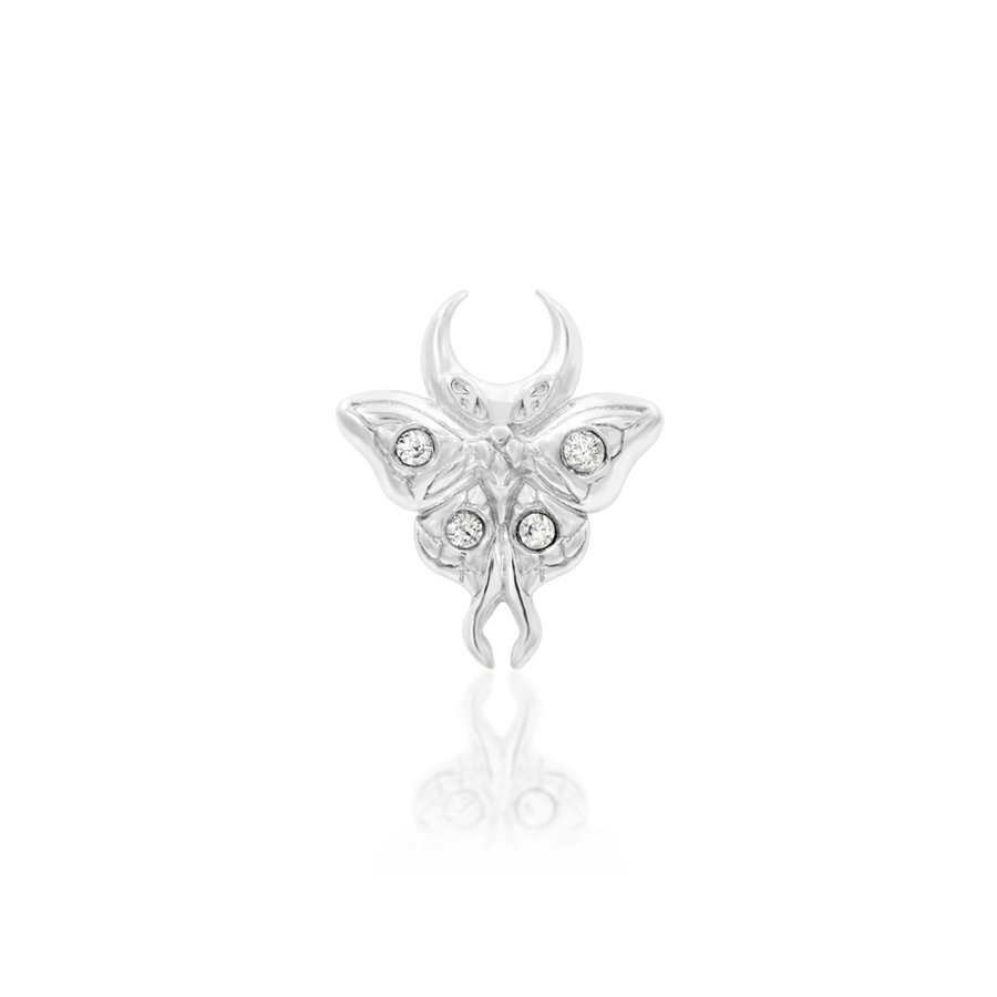 detailed solid gold and white cz luna moth piercing jewelry for threadless post; white gold