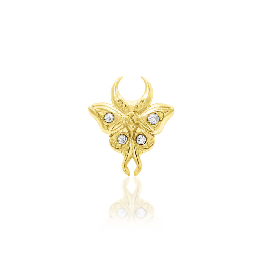 detailed solid gold and white cz luna moth piercing jewelry for threadless post; yellow gold